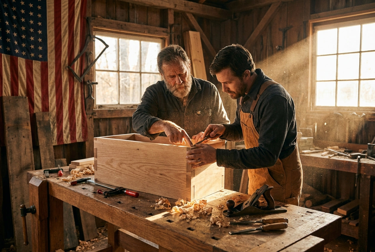 Father and son building a chest in the workshop - the Iron and Oak standard
