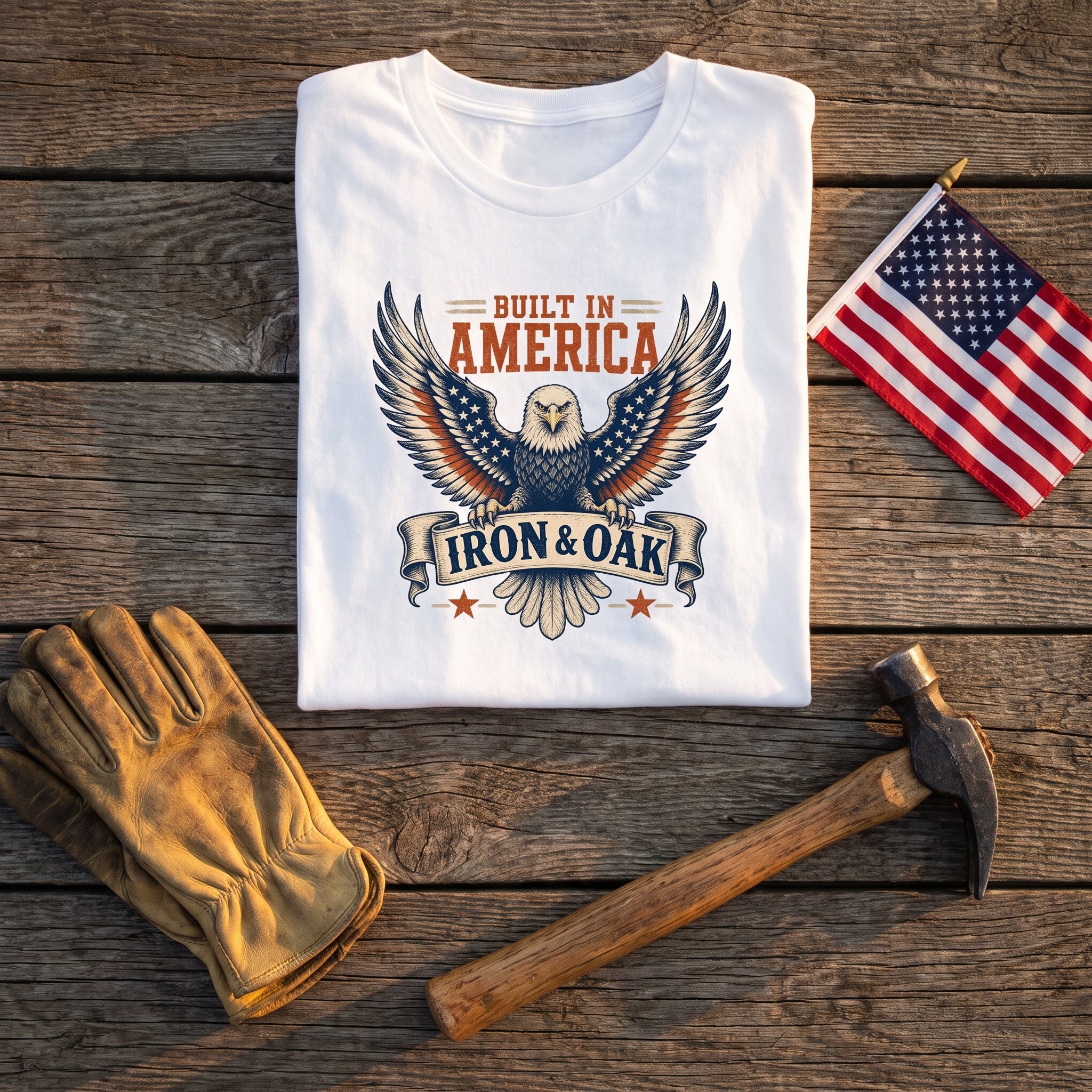 Independence Eagle Tee flat lay on barnwood